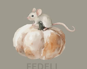 Muis op pompoen | Halloween-AFDRUKBARE muurkunst | Herfstkunst aan de muur | Schone kunsten | Digitale download | Grillig