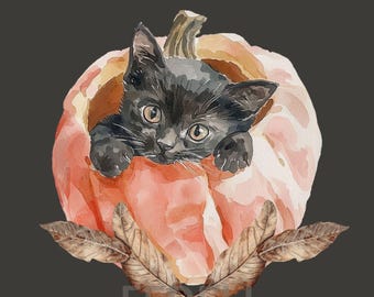 Kat in pompoen | Halloween-AFDRUKBARE muurkunst | Herfstkunst aan de muur | Schone kunsten | Digitale download | Grillig
