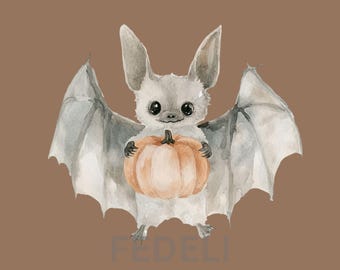Vleermuis houdt pompoen vast | Halloween-AFDRUKBARE muurkunst | Herfstkunst aan de muur | Schone kunsten | Digitale download | Grillig