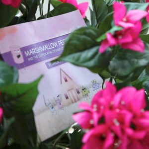Puede incluir: Un folleto rosa y morado con el t&iacute;tulo "Marshmallow People and the Surrounding Denizens" sobre un fondo de flores rosas.