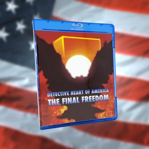 May include: A blue Blu-ray case featuring a cover with a dark eagle silhouette against a bright white sun and orange background. The text reads Detective Heart of America The Final Freedom. The case is positioned at an angle against a blurred flag.
