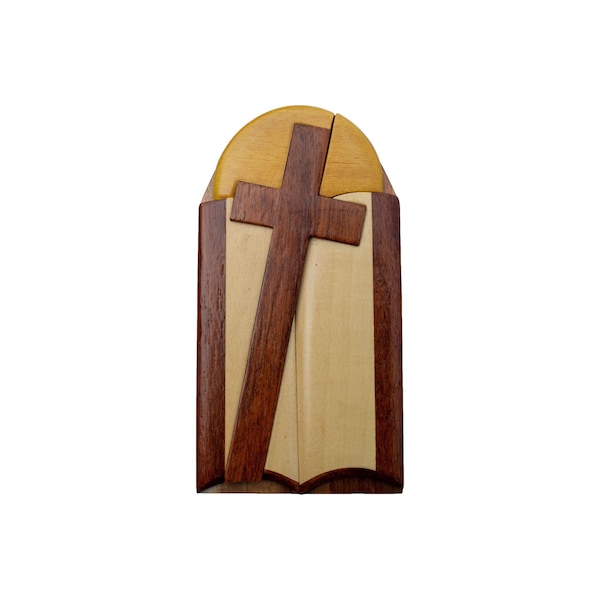 Cross and Bible - Carver Dan’s hand-carved wooden gift box with a hidden black felt interior compartment.