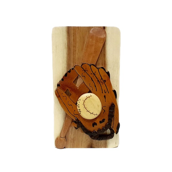 Baseball, Bat & Glove - Carver Dan’s hand-carved wooden stash/gift box with hidden black felt interior compartment.