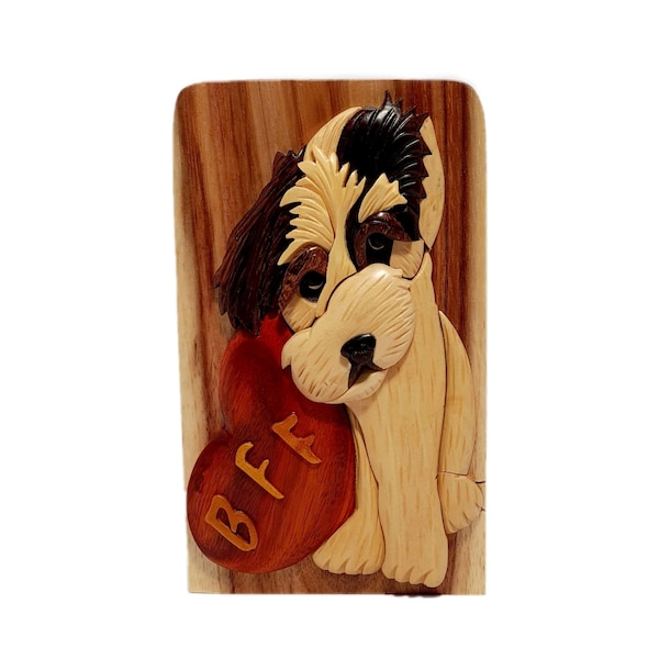 BFF Best Friends Forever Shih Tzu - Carver Dan’s hand-carved wooden gift box with hidden black felt interior compartment.