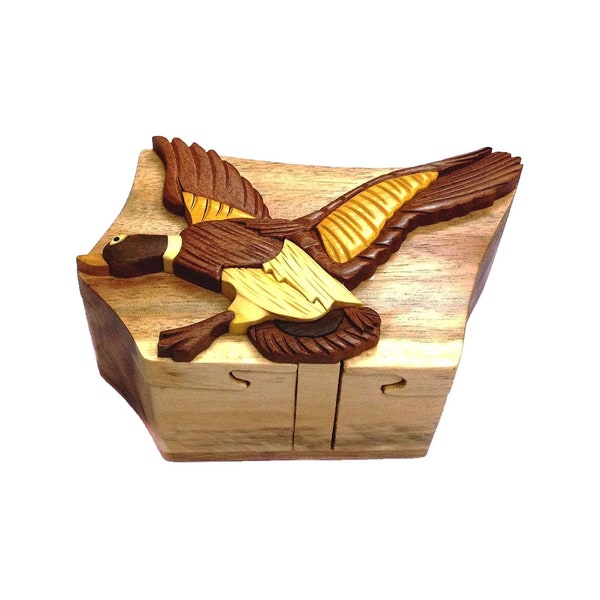 Mallard Duck - Carver Dan’s hand-carved wooden puzzle box with hidden red felt interior compartment.