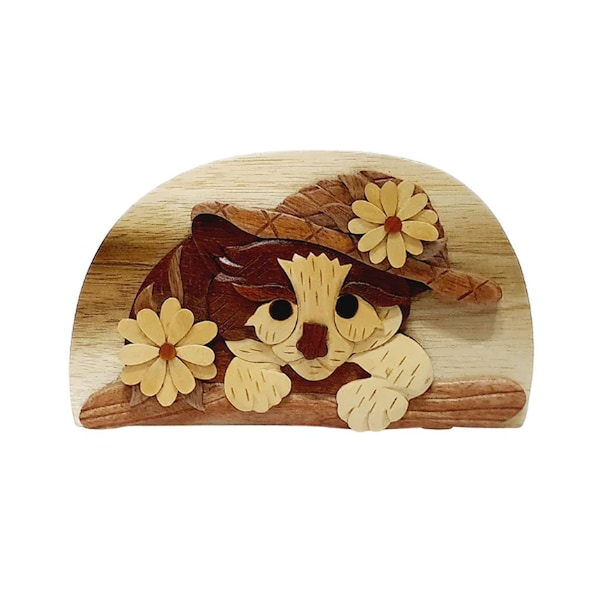 Cat in Hat with Flowers - Carver Dan’s hand-carved wooden puzzle box with hidden black felt interior compartment.