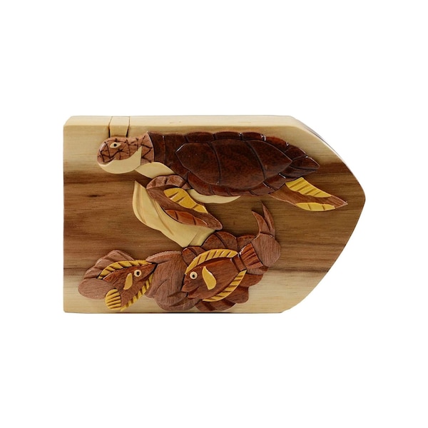 Sea Turtle with Reef Fish - Carver Dan’s hand-carved wooden keepsake gift box with a hidden black felt interior compartment.