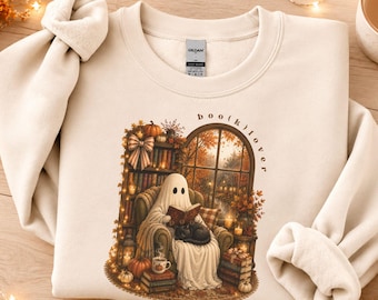 Sudadera fantasma para amantes de los libros, cuello redondo acogedor para otoño, lazo retro de lectura de Halloween, suéter coqueto de otoño con calabaza, lindo regalo para amantes de los libros con temática de Halloween.