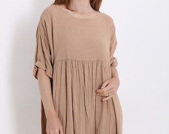 Brede linnen jurk in Beige en Wit kleur maat XXXL