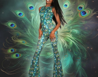 Peacock Print Flared Catsuit Spandex Jumpsuit  / Feathers Bodysuit / Green Dance Unitard / Green Bird Costume Bell Bottom Size S M L XL