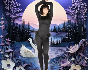 Zwarte glanzende catsuit spandex jumpsuit unitard romper pop girly franje skater balletdanser zwarte zwaan Halloween kostuum maat SML XL