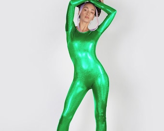 Hologram Iridescent Green Catsuit Spandex Jumpsuit Unitard Bodysuit Mystique Metallic Festival Costume Size S M L XL