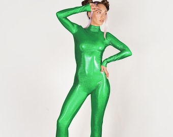 Hologram Iridescent Green Catsuit Spandex Jumpsuit Unitard Bodysuit Mystique Metallic Festival Costume Size S M L XL