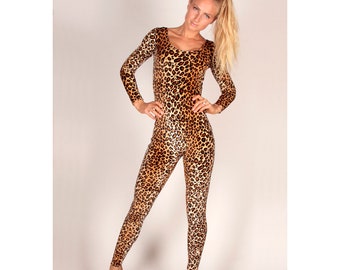 Leopard Print Velvet Catsuit Jumpsuit Snow Animal Safari Playsuit Costume Full Body Long Sleeve Unitard Bodysuit Size XS S M L XL XXL