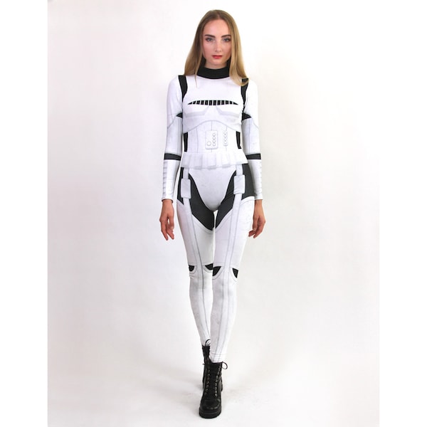 Stormtrooper Catsuit Capitán Phasma Traje Negro & Blanco Robot Mono Spandex Playsuit Body Tamaño XS, S, M, L, XL