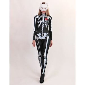 Skeleton and Cats Print Catsuit Spandex Jumpsuit Kittens Lover Art Bodysuit Bones Halloween Day of The Dead Dias De Los Muertos S M L XL