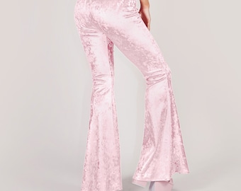 Legging évasé en velours écrasé rose pâle Collants taille haute personnalisables Pantalon en bas de cloche Années 70 Spandex Taille S M L XL Court Long