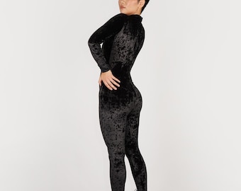 Black Crushed Stretch Velvet Catsuit Jumpsuit Unitard Bodysuit Long Sleeves Turtle Neck Full Body Velour Spandex Velour Size S M L XL