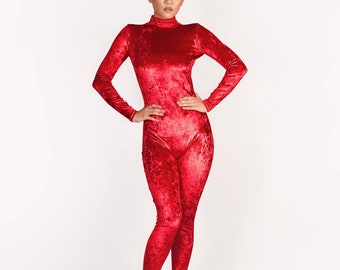 Red Foiled Crushed Stretch Velvet Catsuit Jumpsuit Velour Unitard Bodysuit Turtle Neck Full Body Christmas Gift Size XS, S, M, L