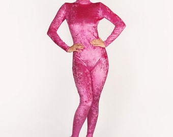Metallic Fuchsia Pink Foiled Crushed Stretch Velvet Catsuit Jumpsuit Unitard Bodysuit Velour Turtle Neck Long Sleeves Size S M L XL