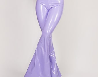 Stretch Vinyl Lilac Light Purple Flare Leggings High Waisted Tights PVC PU Lavender Faux Leather Bell Bottom Pants Spandex Size S M L XL xxl