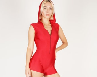 Red Hooded Front Zipper Bodysuit With Shoulder Pad Shiny Nylon Spandex Romper Little red Riding Hood Festival Costume Size S M L XL XXL Plus