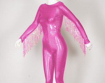 Bright Pink Catsuit With Sequin Tassels Shiny Hologram Metallic Glitter Jumpsuit Spandex Unitard Long Sleeves