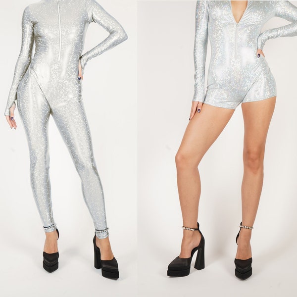 Shattered Glass White Silver Catsuit Front Zipper Hologram Jumpsuit Unitard Bodysuit Long Sleeves Full Body Spandex Romper Size S M L XL