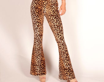 Velvet Leopard Flare Leggings Bell Bottom Pants Spandex Cheetah Shania Twain Halloween Costume Size S M L XL XXL Plus