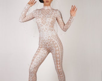 Bridal Lace Printed Catsuit Spandex Jumpsuit Bodysuit White and Nude Bachelorette Party Gift Bride Costume S M L XL Etsy
