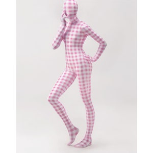 Zentai Full Body Face Cover With Gloves & Feet Spandex Catsuit Custom Made Pink Plaid Morphsuit Any Regular or Plus Size