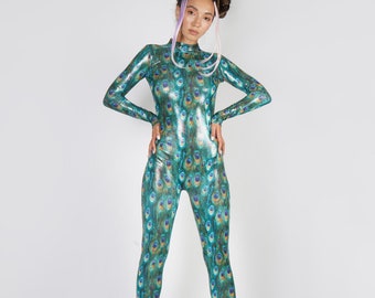 Peacock Catsuit Wet Look Or Matte Spandex Jumpsuit  / Feathers Bodysuit / Green Bird Costume / Festival Size S M L XL