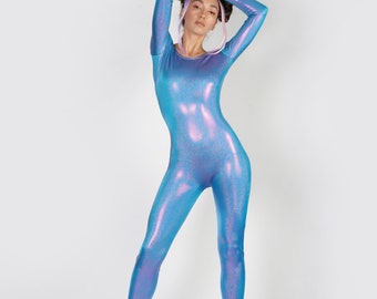 Hologram Iridescent Purple Catsuit Spandex Jumpsuit Unitard Bodysuit Mystique Metallic Festival Costume Size S M L XL