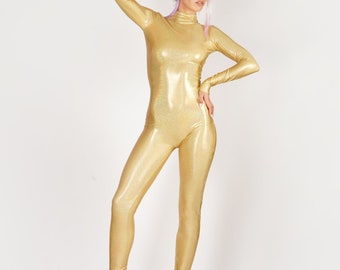 Holograma Iridiscente Oro Catsuit Spandex Mono Brillante Brillo Unitard Body Mystique Metallic Festival Traje Tamaño S M L XL