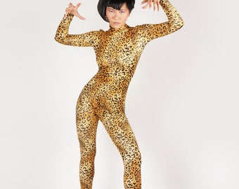 Glitter Gold Leopard Catsuit Sparkly Spandex Jumpsuit Unitard Bodysuit Festival Cheetah Costume S M L XL