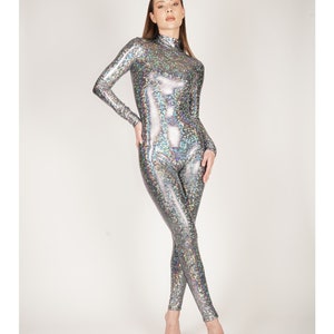 Shattered Glass Silver Catsuit Spandex Hologram Iridescent Jumpsuit Unitard Bodysuit Mystique Metallic Costume Size XS S M L XL