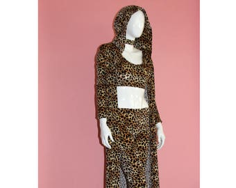 Velvet Leopard Flare Leggings Bell Bottom Pants Spandex Cheetah Shania Twain Inspired Costume Hooded Trench Coat Top Choker 4 Piece Set