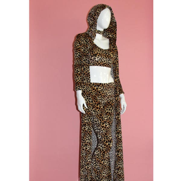 Velvet Leopard Flare Leggings Bell Bottom Pants Spandex Cheetah Shania Twain Inspired Costume Hooded Trench Coat Top Choker 4 Piece Set