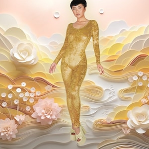 Metallic Gold Foiled Crushed Stretch Velvet Catsuit Jumpsuit Velour Unitard Bodysuit Scoop Neck Full Body Onesie Size S M L XL XXL plus