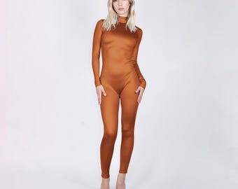 Catsuit In Shiny Copper Customizable Unitard Full Bodysuit Nylon Spandex Size S M L XL Custom