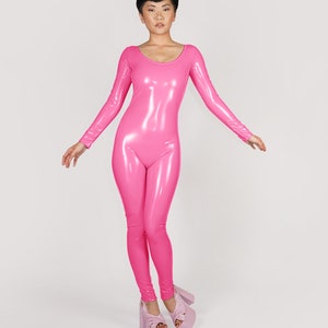 Hot Pink Stretch Vinyl Catsuit PVC PU Faux Latex Leather Scoop Neck Bodysuit Festival Jumpsuit / Barbie Halloween Costume Size XS S M L