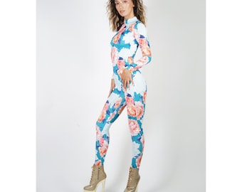 Peonies Flowers Printed Catsuit Blue And Pink Spandex Jumpsuit Unitard Bodysuit Festival Costume S M L XL