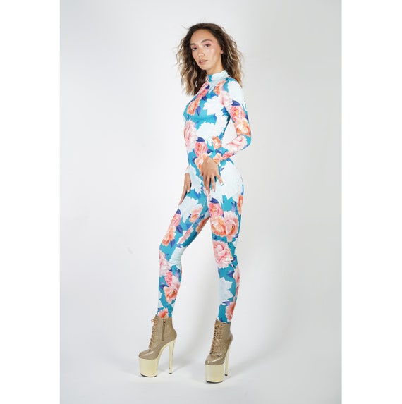 Peonies Flowers Printed Catsuit Blue and Pink Spandex Jumpsuit