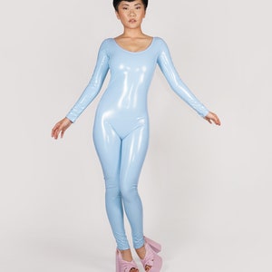 Light Blue Stretch Vinyl Catsuit PVC PU Faux Leather Faux Latex Scoop Neck Bodysuit Festival Jumpsuit Size XS S M L Custom Made