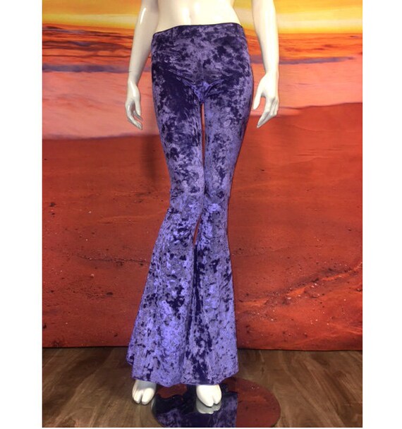 Purple Lilac Crushed Velvet Flare Leggings Tights Bell Bottom Pants 70&#39;s Spandex Stretch