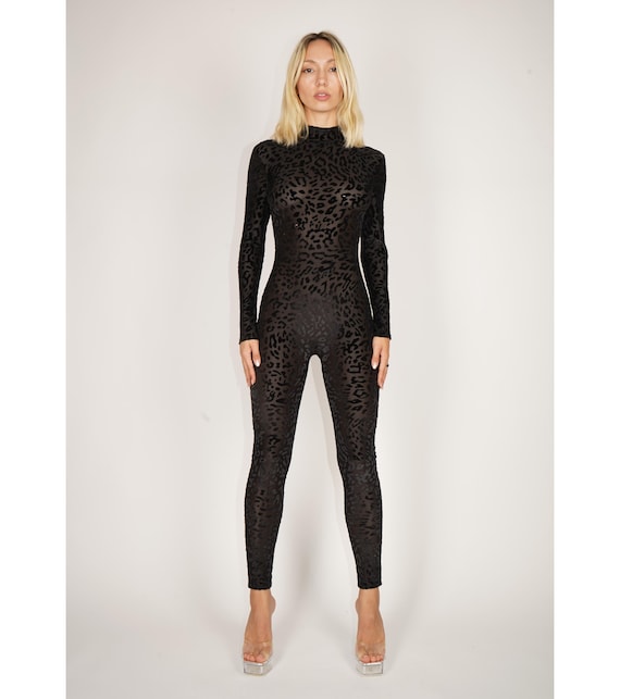 トップス sui Velour bodysuit BLACK Black Leopard See-thru Mesh Catsuit Velvet Burnout Spandex