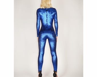 Metallic Royal Blue Foiled Crushed Stretch Velvet Catsuit