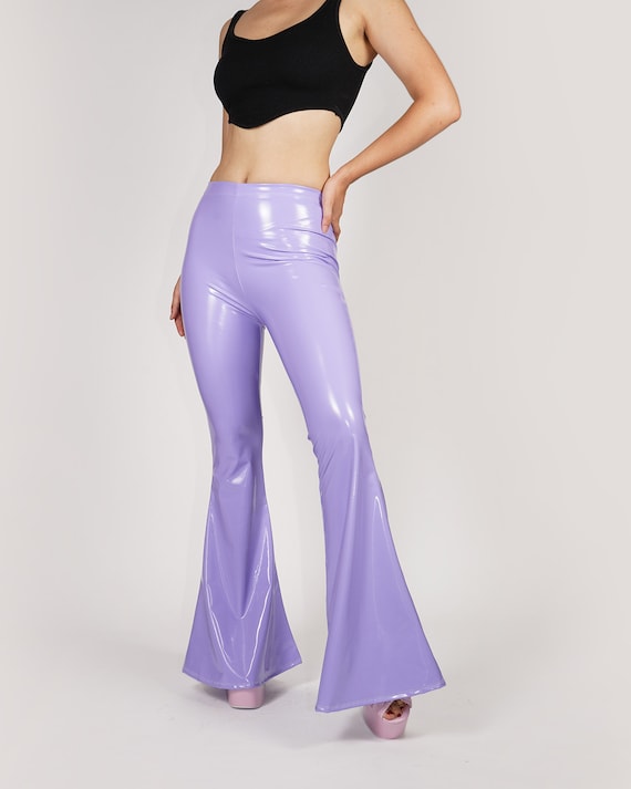 Stretch Vinyl Lilac Light Purple Flare Leggings High Waisted Tights PVC PU  Lavender Faux Leather Bell Bottom Pants Spandex Size S M L XL 
