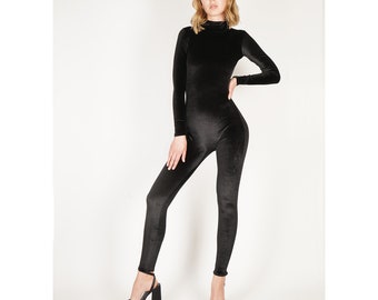 Black Stretch Velvet Catsuit Jumpsuit Velour Unitard Bodysuit Turtle Neck Size S, M, L, XL XXL