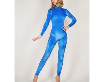 Koningsblauwe stretch fluwelen catsuit jumpsuit Velours unitard bodysuit met col en spandex maat SML XL